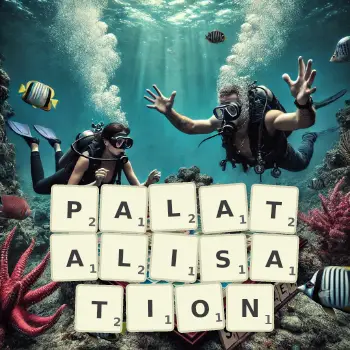 Creative illustration for a Scrabble game with the word PALATALISATION spelled out in tiles on the board.