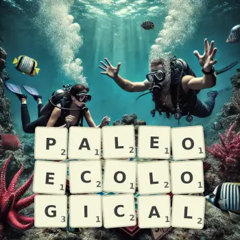 Creative illustration for a Scrabble game with the word PALEOECOLOGICAL spelled out in tiles on the board.