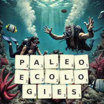 Creative illustration for a Scrabble game with the word PALEOECOLOGIES spelled out in tiles on the board.