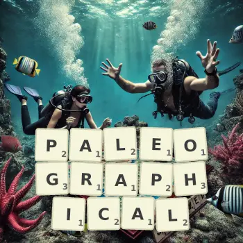 Creative illustration for a Scrabble game with the word PALEOGRAPHICAL spelled out in tiles on the board.