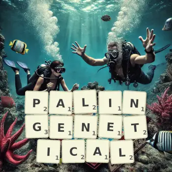 Creative illustration for a Scrabble game with the word PALINGENETICAL spelled out in tiles on the board.