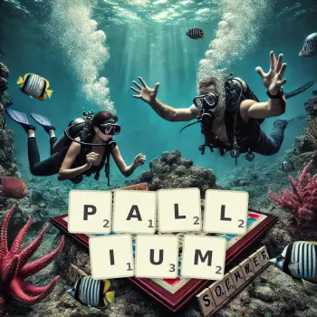 Creative illustration for a Scrabble game with the word PALLIUM spelled out in tiles on the board.