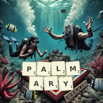 Creative illustration for a Scrabble game with the word PALMARY spelled out in tiles on the board.