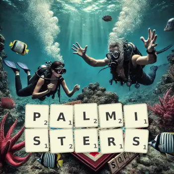 Creative illustration for a Scrabble game with the word PALMISTERS spelled out in tiles on the board.