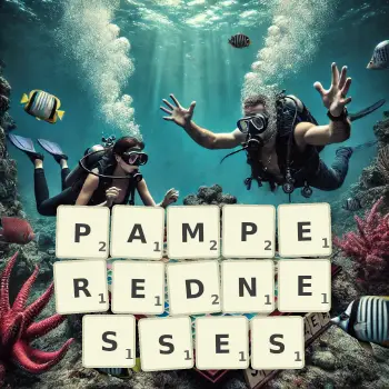 Creative illustration for a Scrabble game with the word PAMPEREDNESSES spelled out in tiles on the board.