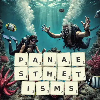 Creative illustration for a Scrabble game with the word PANAESTHETISMS spelled out in tiles on the board.