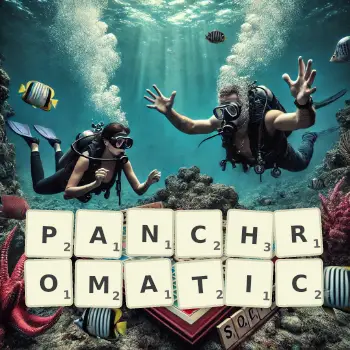 Creative illustration for a Scrabble game with the word PANCHROMATIC spelled out in tiles on the board.