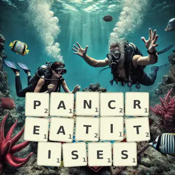 Creative illustration for a Scrabble game with the word PANCREATITISES spelled out in tiles on the board.