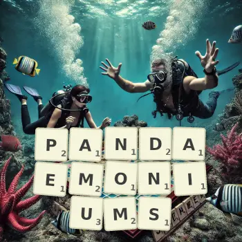 Creative illustration for a Scrabble game with the word PANDAEMONIUMS spelled out in tiles on the board.