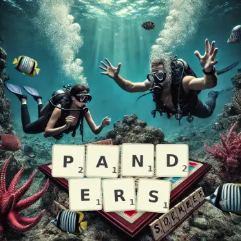 Creative illustration for a Scrabble game with the word PANDERS spelled out in tiles on the board.