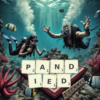 Creative illustration for a Scrabble game with the word PANDIED spelled out in tiles on the board.