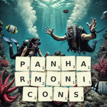 Creative illustration for a Scrabble game with the word PANHARMONICONS spelled out in tiles on the board.