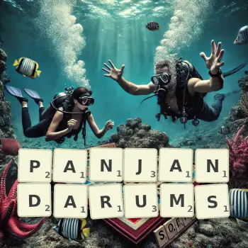 Creative illustration for a Scrabble game with the word PANJANDARUMS spelled out in tiles on the board.