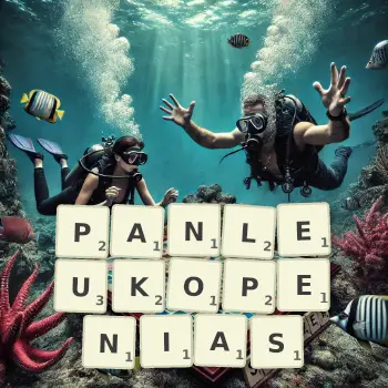 Creative illustration for a Scrabble game with the word PANLEUKOPENIAS spelled out in tiles on the board.