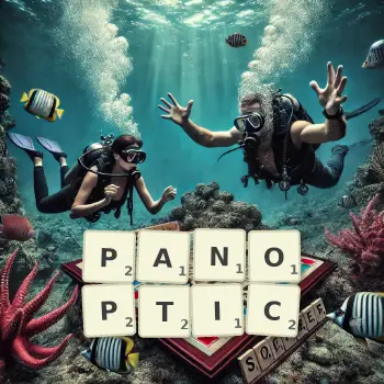 Creative illustration for a Scrabble game with the word PANOPTIC spelled out in tiles on the board.