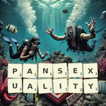 Creative illustration for a Scrabble game with the word PANSEXUALITY spelled out in tiles on the board.