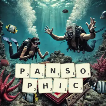 Creative illustration for a Scrabble game with the word PANSOPHIC spelled out in tiles on the board.