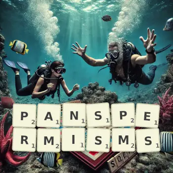 Creative illustration for a Scrabble game with the word PANSPERMISMS spelled out in tiles on the board.