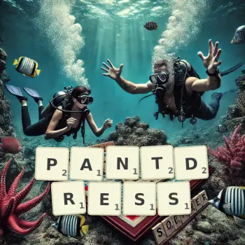 Creative illustration for a Scrabble game with the word PANTDRESS spelled out in tiles on the board.