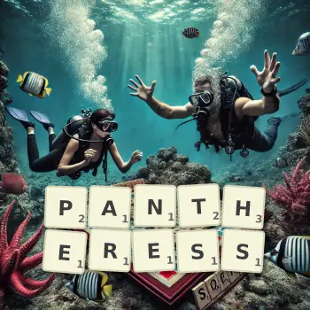 Creative illustration for a Scrabble game with the word PANTHERESS spelled out in tiles on the board.