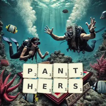 Creative illustration for a Scrabble game with the word PANTHERS spelled out in tiles on the board.