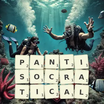 Creative illustration for a Scrabble game with the word PANTISOCRATICAL spelled out in tiles on the board.