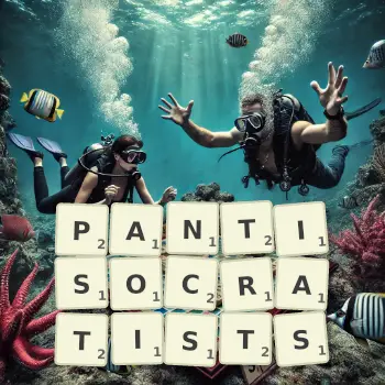 Creative illustration for a Scrabble game with the word PANTISOCRATISTS spelled out in tiles on the board.