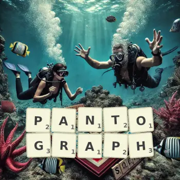Creative illustration for a Scrabble game with the word PANTOGRAPH spelled out in tiles on the board.