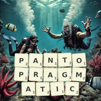 Creative illustration for a Scrabble game with the word PANTOPRAGMATIC spelled out in tiles on the board.