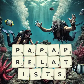 Creative illustration for a Scrabble game with the word PAPAPRELATISTS spelled out in tiles on the board.