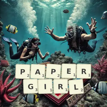 Creative illustration for a Scrabble game with the word PAPERGIRL spelled out in tiles on the board.