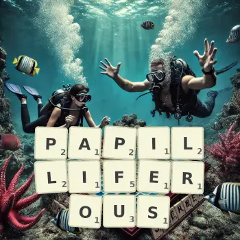 Creative illustration for a Scrabble game with the word PAPILLIFEROUS spelled out in tiles on the board.