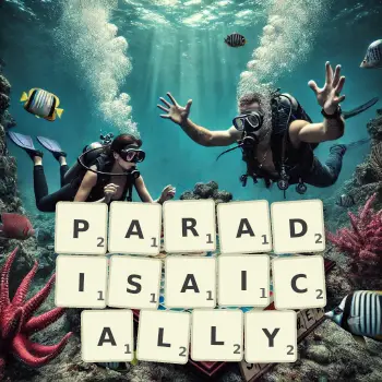 Creative illustration for a Scrabble game with the word PARADISAICALLY spelled out in tiles on the board.