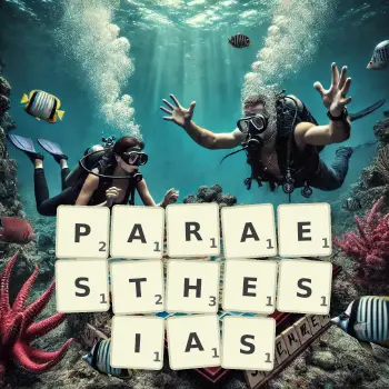 Creative illustration for a Scrabble game with the word PARAESTHESIAS spelled out in tiles on the board.