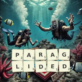 Creative illustration for a Scrabble game with the word PARAGLIDED spelled out in tiles on the board.
