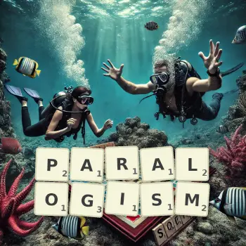 Creative illustration for a Scrabble game with the word PARALOGISM spelled out in tiles on the board.