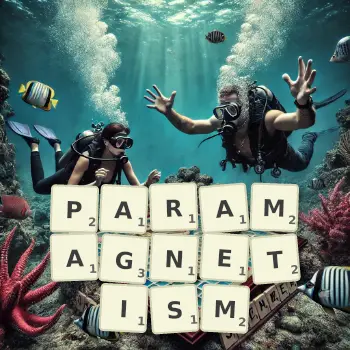 Creative illustration for a Scrabble game with the word PARAMAGNETISM spelled out in tiles on the board.