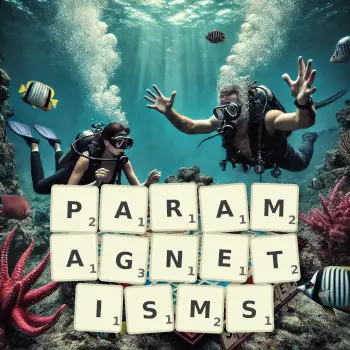 Creative illustration for a Scrabble game with the word PARAMAGNETISMS spelled out in tiles on the board.