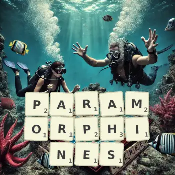Creative illustration for a Scrabble game with the word PARAMORPHINES spelled out in tiles on the board.