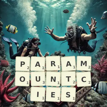 Creative illustration for a Scrabble game with the word PARAMOUNTCIES spelled out in tiles on the board.