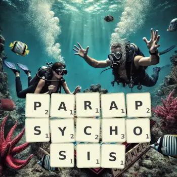 Creative illustration for a Scrabble game with the word PARAPSYCHOSIS spelled out in tiles on the board.