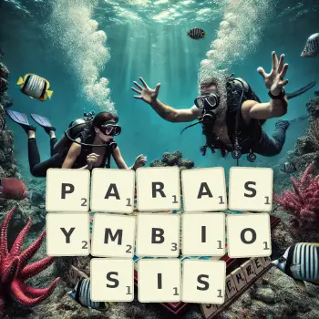 Creative illustration for a Scrabble game with the word PARASYMBIOSIS spelled out in tiles on the board.