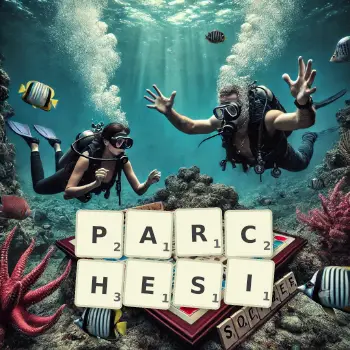 Creative illustration for a Scrabble game with the word PARCHESI spelled out in tiles on the board.