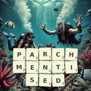 Creative illustration for a Scrabble game with the word PARCHMENTISED spelled out in tiles on the board.