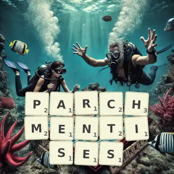 Creative illustration for a Scrabble game with the word PARCHMENTISES spelled out in tiles on the board.