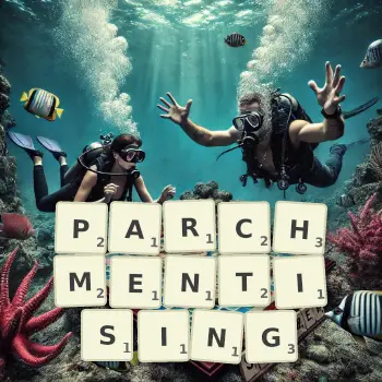 Creative illustration for a Scrabble game with the word PARCHMENTISING spelled out in tiles on the board.
