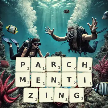 Creative illustration for a Scrabble game with the word PARCHMENTIZING spelled out in tiles on the board.