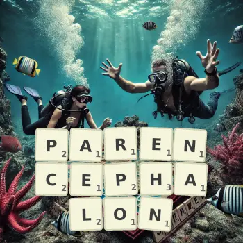 Creative illustration for a Scrabble game with the word PARENCEPHALON spelled out in tiles on the board.