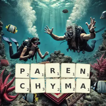 Creative illustration for a Scrabble game with the word PARENCHYMA spelled out in tiles on the board.