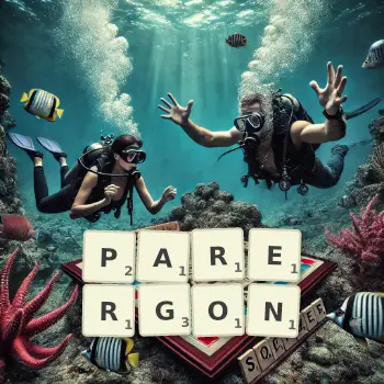 Creative illustration for a Scrabble game with the word PARERGON spelled out in tiles on the board.
